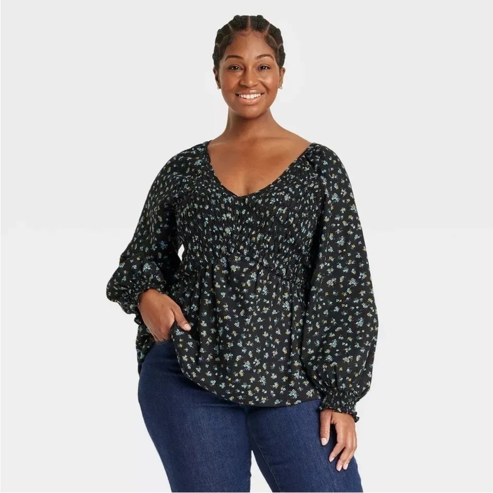 Ava & Viv NWT Smocked Floral Long Sleeve Top Womens 14W